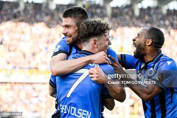 Club's Brandon Mechele and Club's Andreas Skov Olsen celebrate after scoring during a soccer match between Club Brugge KV and Royal Antwerp FC,...