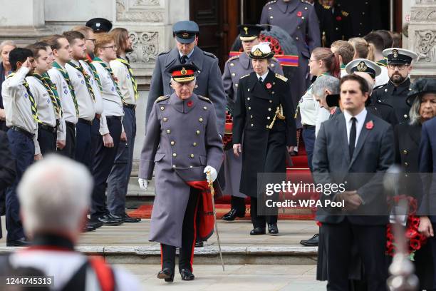 King Charles III leads out members of the Royal family as they attend the Remembrance Sunday ceremony at the Cenotaph on Whitehall on November 13,...