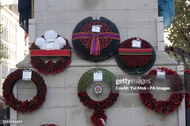 Wreaths laid by members of the royal family at the Cenotaph in Whitehall, London, during the national Remembrance Sunday service. Picture date:...