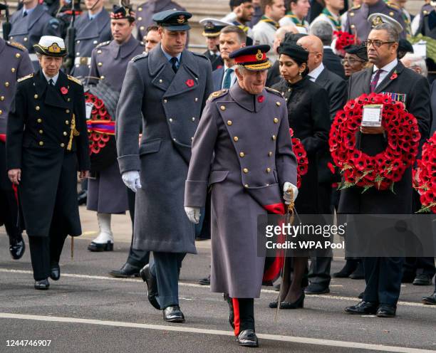 Princess Anne, Princess Royal, Prince William, Prince of Wales and King Charles III attend the Remembrance Sunday ceremony at the Cenotaph on...