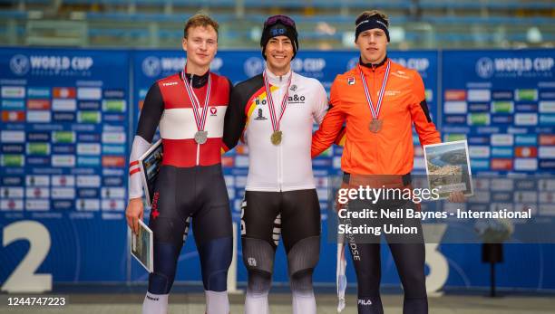 1st place Felix Rijhnen of Germany, 2nd place Gabriel Odor of Austria and 3rd place Bart Hoolwerf of Netherlands poses at the awards ceromony for the...