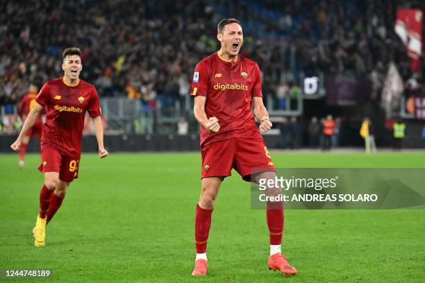 Roma's Serbian midfielder Nemanja Matic celebrates after scoring an equalizer during the Italian Serie A football match between AS Rome and Torino on...