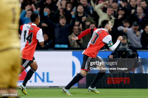 Orkun Kokcu of Feyenoord celebrates 2-1 with Igor Paixao of Feyenoord during the Dutch Eredivisie match between Feyenoord v Excelsior at the Stadium...