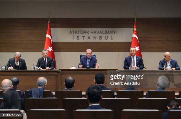 Turkish President Recep Tayyip Erdogan holds a press conference ahead of his flight to Bali for G20 Leaders' summit in Indonesia, at Ataturk Airport...