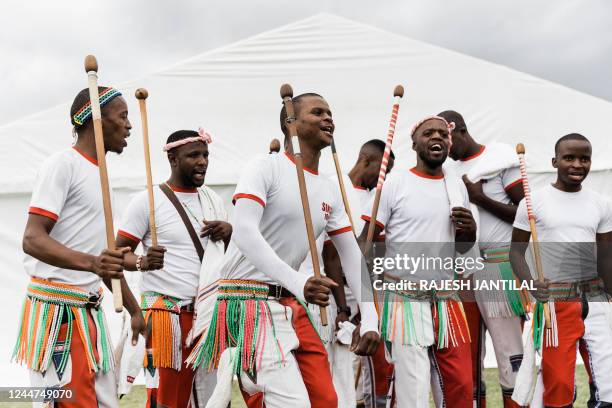 Zane Mali Club sing and dance during the Ingoma Dance Festival organised by Ubunye Bama Hostela at the Glebelands Hostel in Umlazi township, north of...