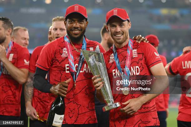 Chris Jordan and Phil Salt of England celebrate winning the Pakistan v England Mens T20 Cricket World Cup Final match at the Melbourne Cricket Ground...