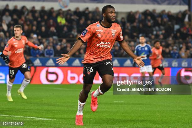 Lorients Nigerian forward Terem Moffi celebrates after scoring a goal during the French L1 football match between RC Strasbourg Alsace and FC Lorient...