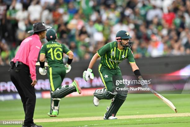 Mohammad Rizwan and Babar Azam of Pakistan running between the wicket during ICC Men's T20 World Cup match between Pakistan and England at Melbourne...