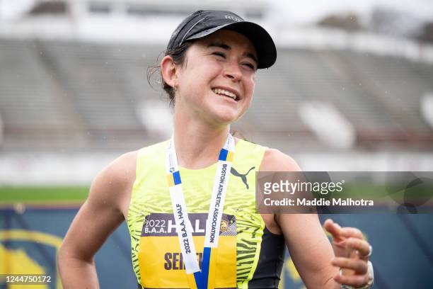 Molly Seidel reacts after crossing the finish line during the 2022 B.A.A. Half Marathon on November 13, 2022 in Boston, Massachusetts.