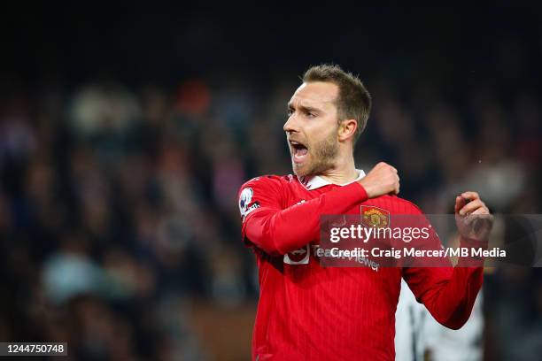 Christian Eriksen of Manchester United celebrates after scoring the opening goal during the Premier League match between Fulham FC and Manchester...