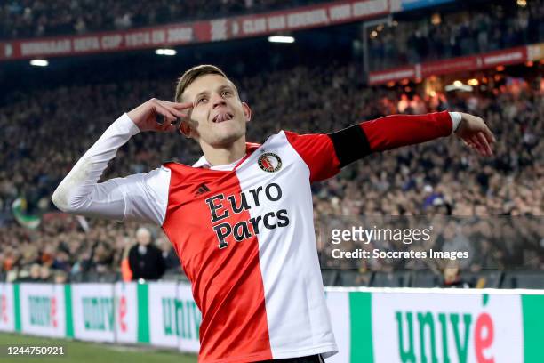 Sebastian Szymanski of Feyenoord celebrates 3-1 during the Dutch Eredivisie match between Feyenoord v Excelsior at the Stadium Feijenoord on November...