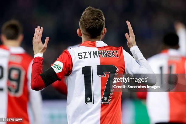 Sebastian Szymanski of Feyenoord celebrates 3-1 during the Dutch Eredivisie match between Feyenoord v Excelsior at the Stadium Feijenoord on November...