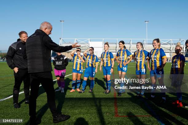 Former Wolverhampton Wanderers and England striker Steve Bull talks to the Shrewsbury Town Women players before the Vitality Women FA Cup First Round...
