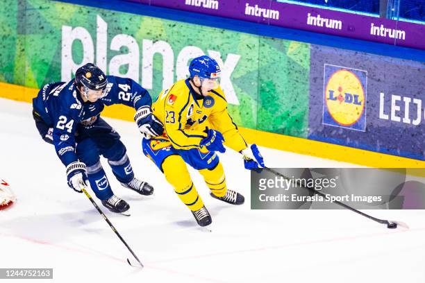 Lukas Bengtsson of Sweden against Hannes Björninen of Finland during the Karjala Cup 2022 game between Finland and Sweden at Gatorade Center on...