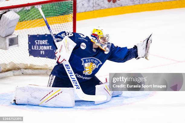 Goalkeeper Harri Säteri of Finland in action during the Karjala Cup 2022 game between Finland and Sweden at Gatorade Center on November 13, 2022 in...