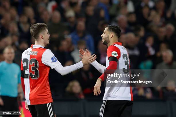 Patrik Walemark of Feyenoord celebrates 5-1 with David Hancko of Feyenoord during the Dutch Eredivisie match between Feyenoord v Excelsior at the...