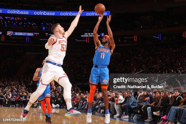 Isaiah Joe of the Oklahoma City Thunder shoots a three point basket against the New York Knicks on November 13, 2022 at Madison Square Garden in New...