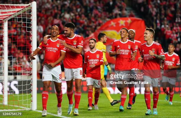 Joao Mario of SL Benfica celebrates after scoring a goal during the Liga Portugal Bwin match between SL Benfica and Gil Vicente at Estadio da Luz on...