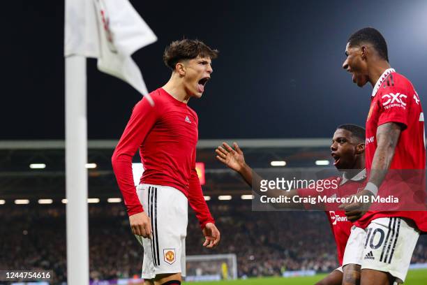Alejandro Garnacho of Manchester United celebrates scoring his side's second goal during the Premier League match between Fulham FC and Manchester...