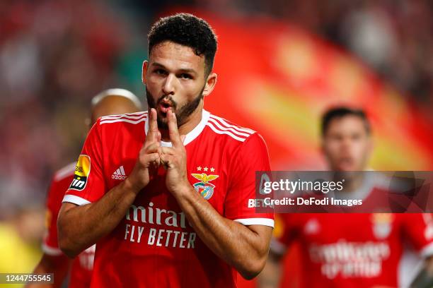 Goncalo Ramos of SL Benfica celebrates after scoring his team's second goal during the Liga Portugal Bwin match between SL Benfica and Gil Vicente at...