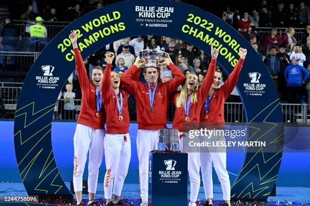 Switzerland's Simona Waltert, Switzerland's Viktorija Golubic, Switzerland's captain Heinz Guenthardt, Switzerland's Jil Teichmann and Switzerland's...