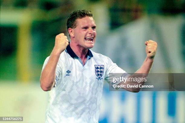 England player Paul Gascoigne celebrates after the 1990 FIFA World Cup Group match between England and Belgium at the Stadio Renato Dall' Ara on June...