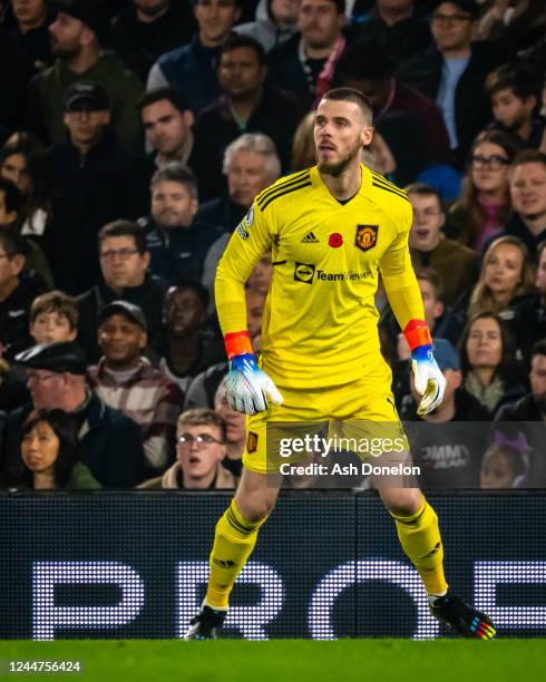 David De Gea of Manchester United in action during the Premier League match between Fulham FC and Manchester United at Craven Cottage on November 13,...