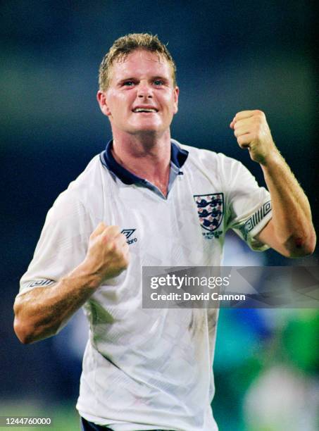 England maestro Paul Gascoigne celebrates after the 1990 FIFA World Cup quarter final match between England and Cameroon at the San Paolo Stadium on...