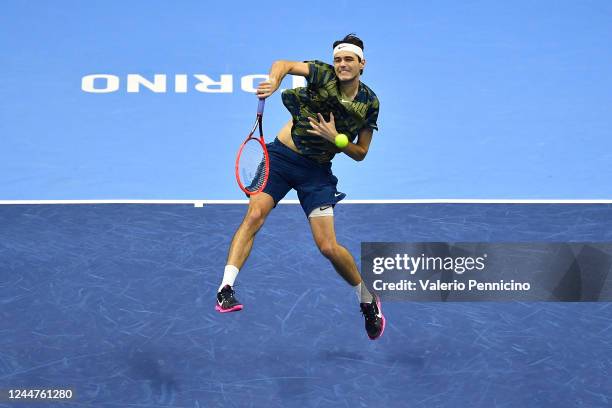Taylor Fritz of United States plays a forehand shot during the round robin match between Rafael Nadal of Spain during day one of the Nitto ATP Finals...