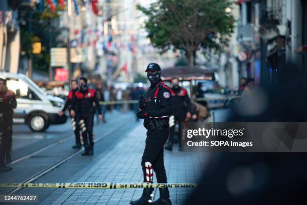 Police officers and emergency services seen at the scene of the explosion in the busy Taksim, Istiklal street of central Istanbul. At least six...