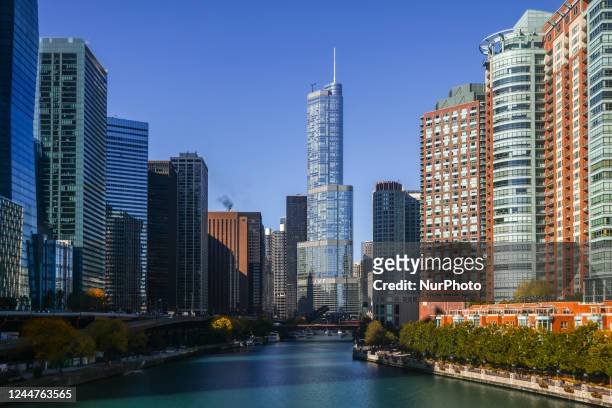 View on Chicago River and Trump Tower in Chicago, Illinois, United States, on October 19, 2022.