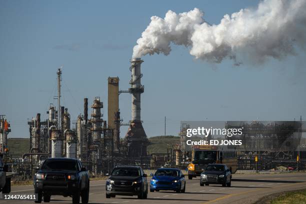 General view shows a Syncrude oil sands mining facility near Fort McKay, Alberta, on September 6, 2022. - At Fort McKay near Fort McMurray in western...