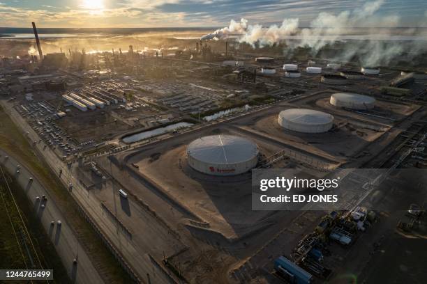 General view shows a Syncrude oil sands mining facility near Fort McKay, Alberta, on September 6, 2022. - At Fort McKay near Fort McMurray in western...