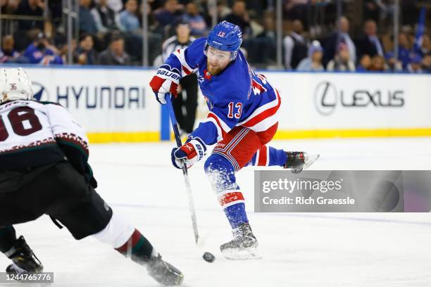 Alexis Lafrenière of the New York Rangers shoots during the second period of the game against the Arizona Coyotes on November 13, 2022 at Madison...