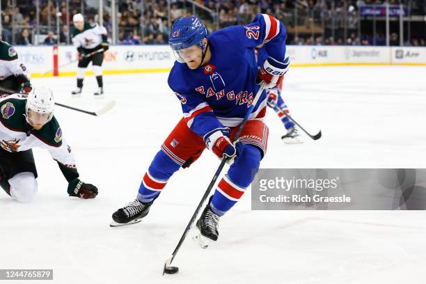Adam Fox of the New York Rangers skates during the second period of the game against the Arizona Coyotes on November 13, 2022 at Madison Square...