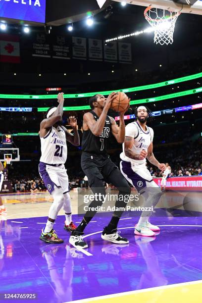 Kevin Durant of the Brooklyn Nets drives to the basket during the game against the Los Angeles Lakers on November 13, 2022 at Crypto.Com Arena in Los...