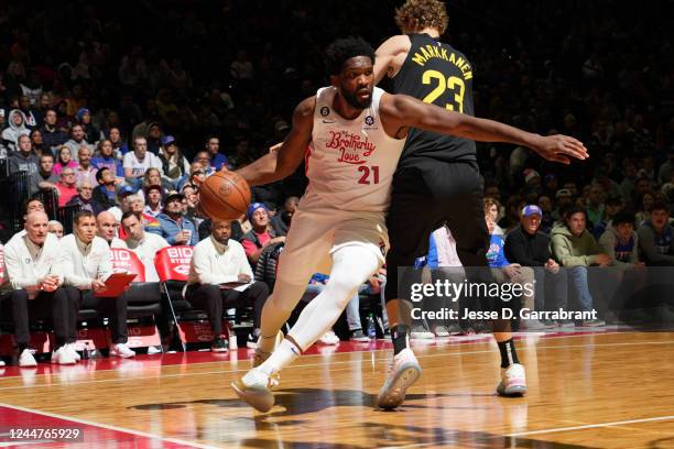 Joel Embiid of the Philadelphia 76ers dribbles the ball during the game against the Utah Jazz on November 13, 2022 at the Wells Fargo Center in...