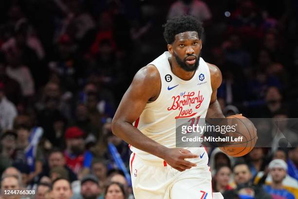Joel Embiid of the Philadelphia 76ers dribbles the ball against the Utah Jazz in the second half at the Wells Fargo Center on November 13, 2022 in...