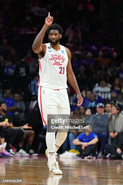 Joel Embiid of the Philadelphia 76ers points against the Utah Jazz in the second half at the Wells Fargo Center on November 13, 2022 in Philadelphia,...