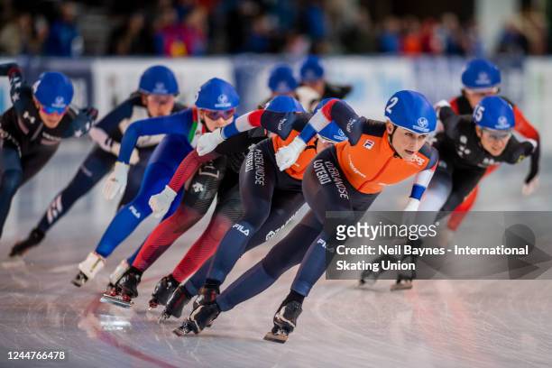 Irene Schouten of Netherlands competes in the Mass Start Women's Final and leads the race with the last lap to go during Day 3 of the ISU World Cup...