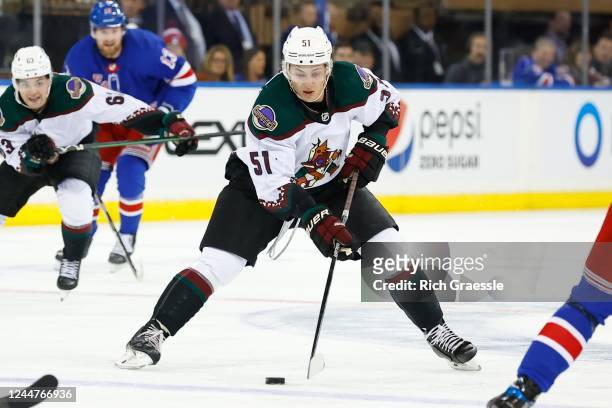 Troy Stecher of the Arizona Coyotes skates during the third period of the game against the New York Rangers on November 13, 2022 at Madison Square...
