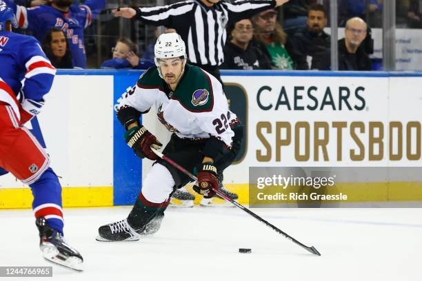 Jack McBain of the Arizona Coyotes skates during the third period of the game against the New York Rangers on November 13, 2022 at Madison Square...