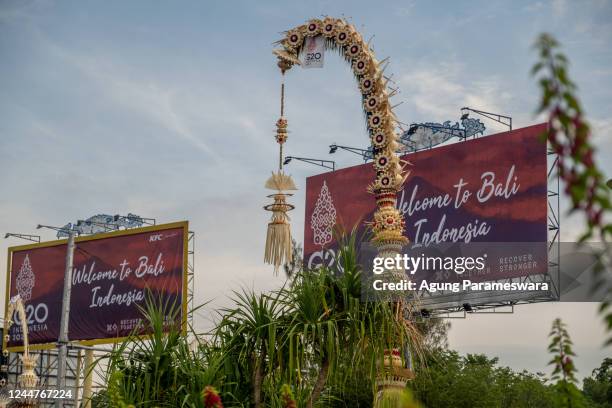 Summit billboards are posted near the venue of the G20 Bali Summit on November 14, 2022 in Denpasar, Indonesia. The G20 leaders' meeting will take...