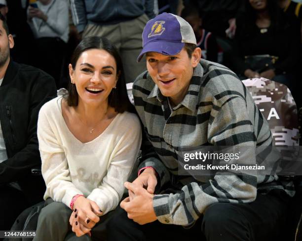 Mila Kunis and Ashton Kutcher attend a basketball between the Los Angeles Lakers and the Brooklyn Nets at Crypto.com Arena on November 13, 2022 in...