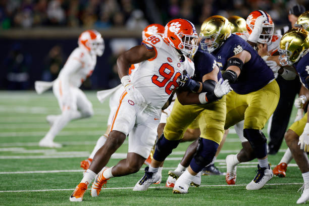 Clemson Tigers defensive end Myles Murphy rushes on defense during a college football game against the Notre Dame Fighting Irish