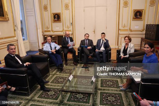 French Interior Minister Gerald Darmanin attends a meeting with Britain's Home Secretary Suella Braverman at the Hotel Beauvau Interior Ministry in...