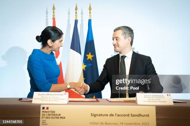 Home Secretary Suella Braverman signs a historic deal with the French Interior Minister Gerald Darmanin, at the Interior Ministry on November 14,...
