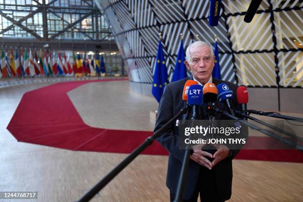 High Representative of the European Union for Foreign Affairs and Security Policy Josep Borrell answers journalists during a Foreign Affairs Council...