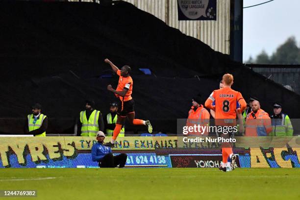 Idris Kanu of Barnet Football Club celebrates scoring his side's first goal of the game during the Vanarama National League match between Oldham...