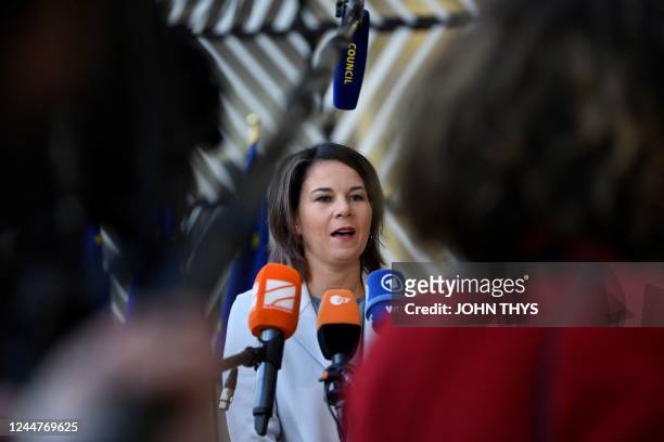 German Foreign Minister Annalena Baerbock talks to the press as she arrives for a Foreign Affairs Council meeting at the EU headquarters in Brussels...
